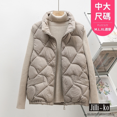 JILLI-KO 花邊紋羽絨棉輕薄休閒保暖背心外套- 淺咖/紫