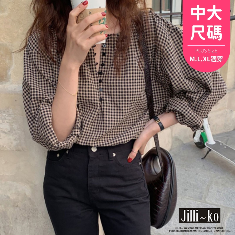 JILLI-KO 韓版開扣圓領格子寬鬆顯瘦襯衫- 咖啡