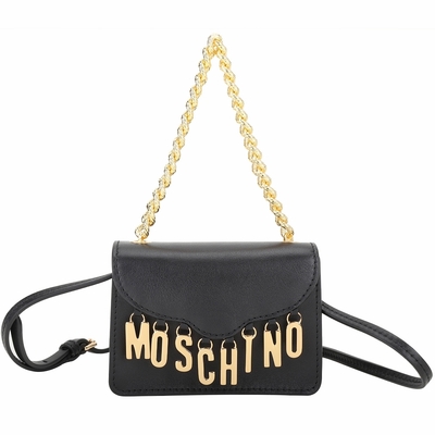 moschino 迷你款 雙背帶字母吊飾牛皮翻蓋斜背包(黑色)