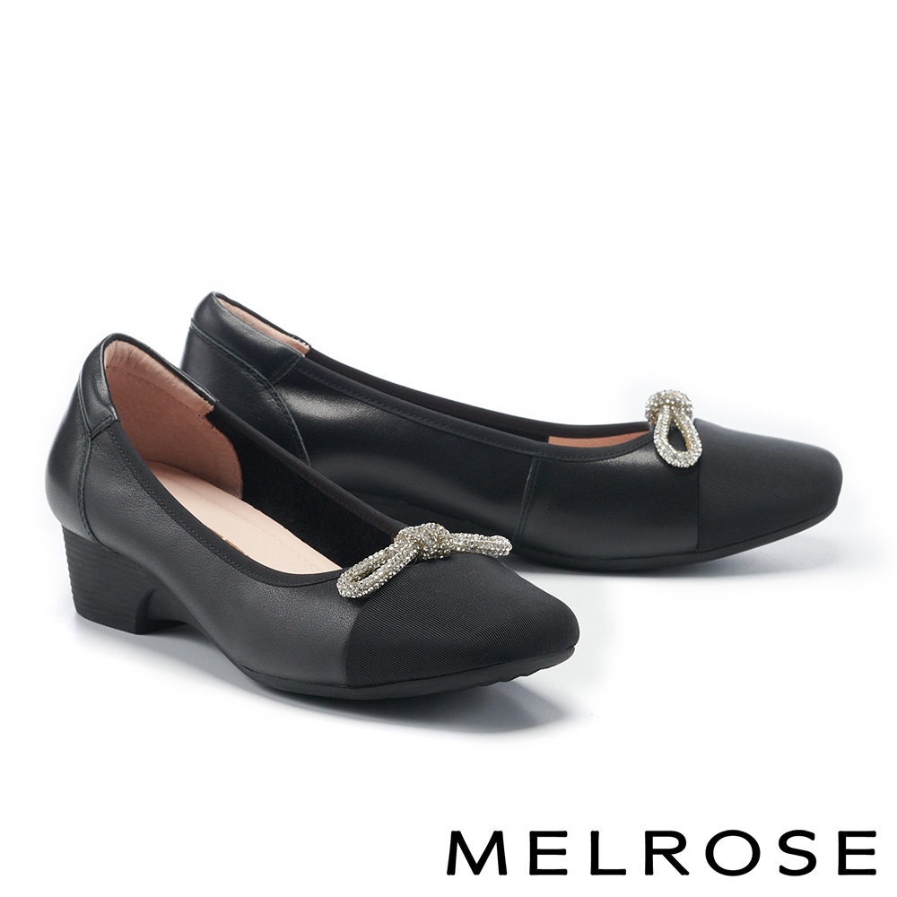 低跟鞋 MELROSE 美樂斯 雲朵後跟 經典優雅晶鑽蝴蝶結拼接牛皮楔型低跟鞋－黑