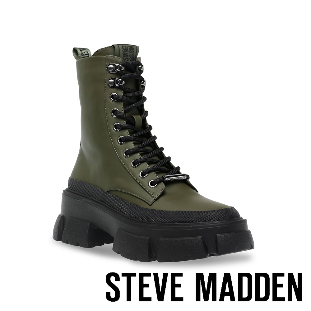 STEVE MADDEN-TAKEDOWN 厚底綁帶中筒靴-墨綠