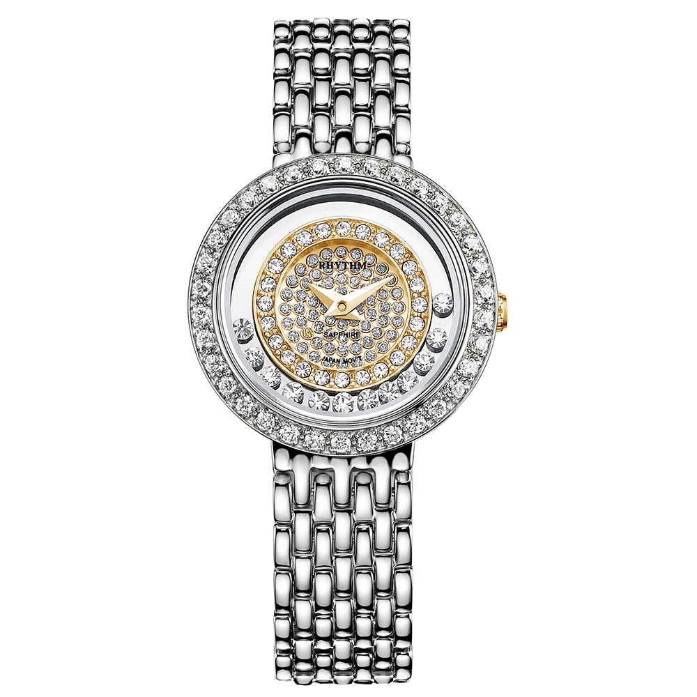 RHYTHM日本麗聲 奢華貴氣淑女造型鑲鑽設計石英腕錶-白框金底/30.5mm