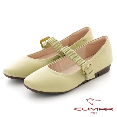 【CUMAR】時髦小方頭蓬鬆皺褶腳背帶瑪莉珍平底鞋-淺綠
