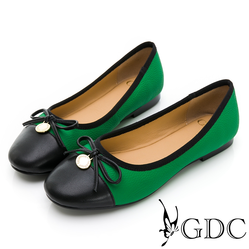 GDC-氣質風蝴蝶結飾釦真皮圓頭平底包鞋-綠色