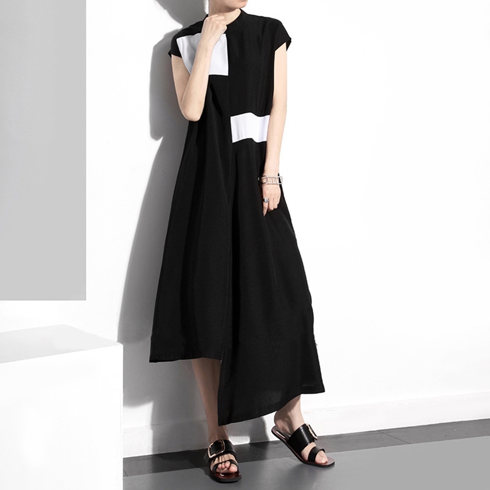 米蘭精品 連身裙 短袖洋裝-極簡拼色不規則中長款女裙子74ci12
