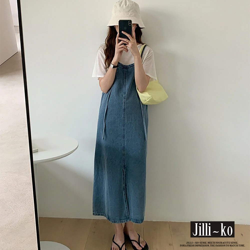 JILLI-KO 韓版設計復古細繩開衩背帶牛仔連衣裙 - 藍色