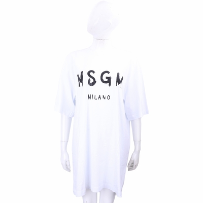 MSGM 塗鴉黑字母白色短袖長版TEE 洋裝