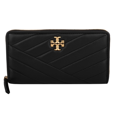 TORY BURCH KIRA 金屬雙T 縫衍紋皮革拉鍊長夾(黑)