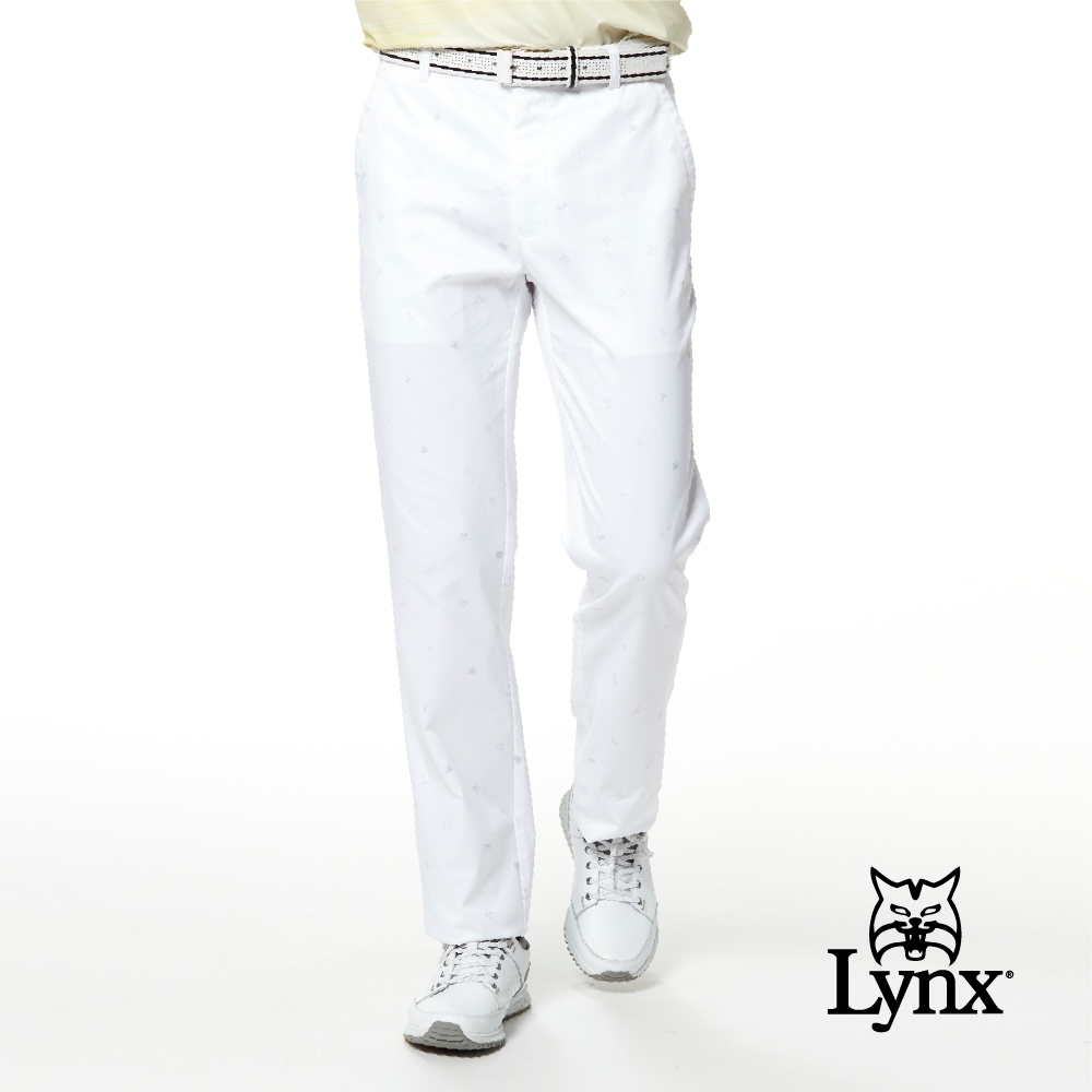 【Lynx Golf】男款吸濕排汗滿版俏皮印花平口休閒長褲-白色