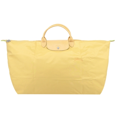 LONGCHAMP LE PLIAGE GREEN系列刺繡短把再生尼龍摺疊旅行袋(中/小麥黃)