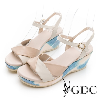 GDC-真皮拼接春夏輕底楔型日系涼鞋-米色