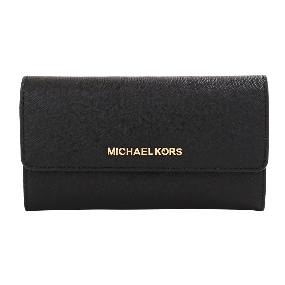 MICHAEL KORS 金字LOGO 防刮釦式後拉鍊三折長夾(黑)