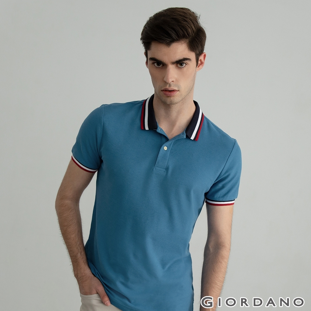 GIORDANO 男裝素色線條POLO衫 - 74 巴厘亞塔藍