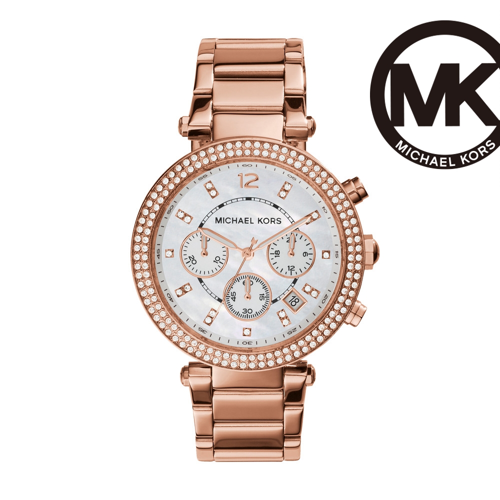 Michael Kors Parker 三眼計時晶鑽女錶 玫瑰金不鏽鋼鍊帶 39MM MK5491