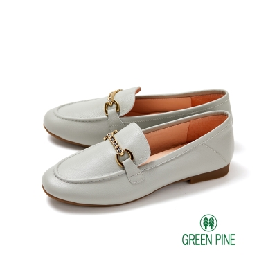GREEN PINE簡約鎖鏈真皮平底靜音樂福鞋灰藍色(00311510)