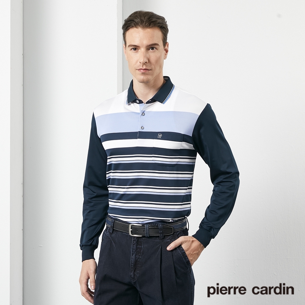 Pierre Cardin皮爾卡登 男款 吸濕排汗橫條長袖polo衫-藍色(5205252-35)