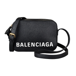 BALENCIAGA巴黎世家VILLE印花白字LOGO牛皮拉鍊斜背相機包(小/黑)