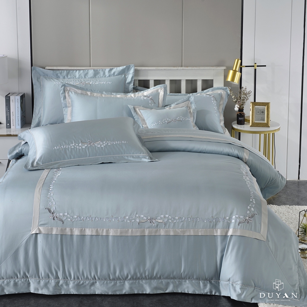 DUYAN竹漾-300織 長絨精梳棉刺繡 雙人床包兩用被四件組-冰河藍