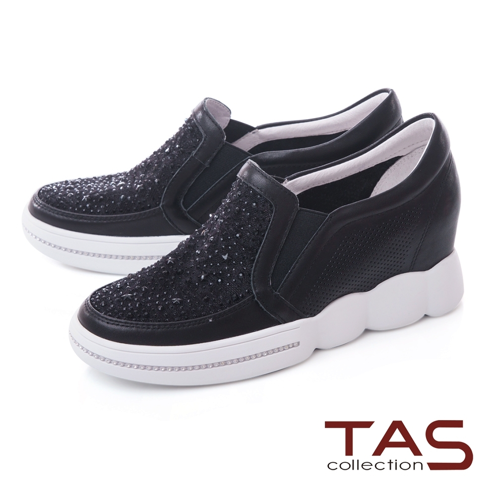 TAS異材質拼接蕾絲燙鑽內增高休閒鞋-潮流黑