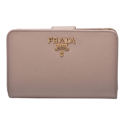 PRADA 普拉達 經典SAFFIANO系列金色浮雕LOGO防刮牛皮暗釦拉鍊中夾(卡其色)