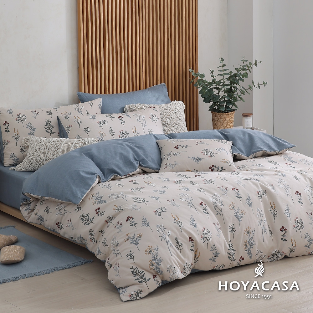 HOYACASA 100%精梳棉加大兩用被四件式床包組-夏時花楹(天絲入棉30%)