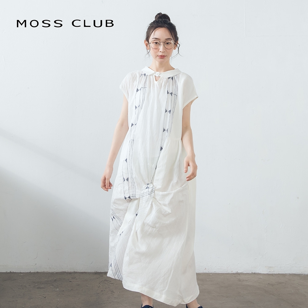 【MOSS CLUB】清新印花翻領綁結下襬造型-洋裝(白色)