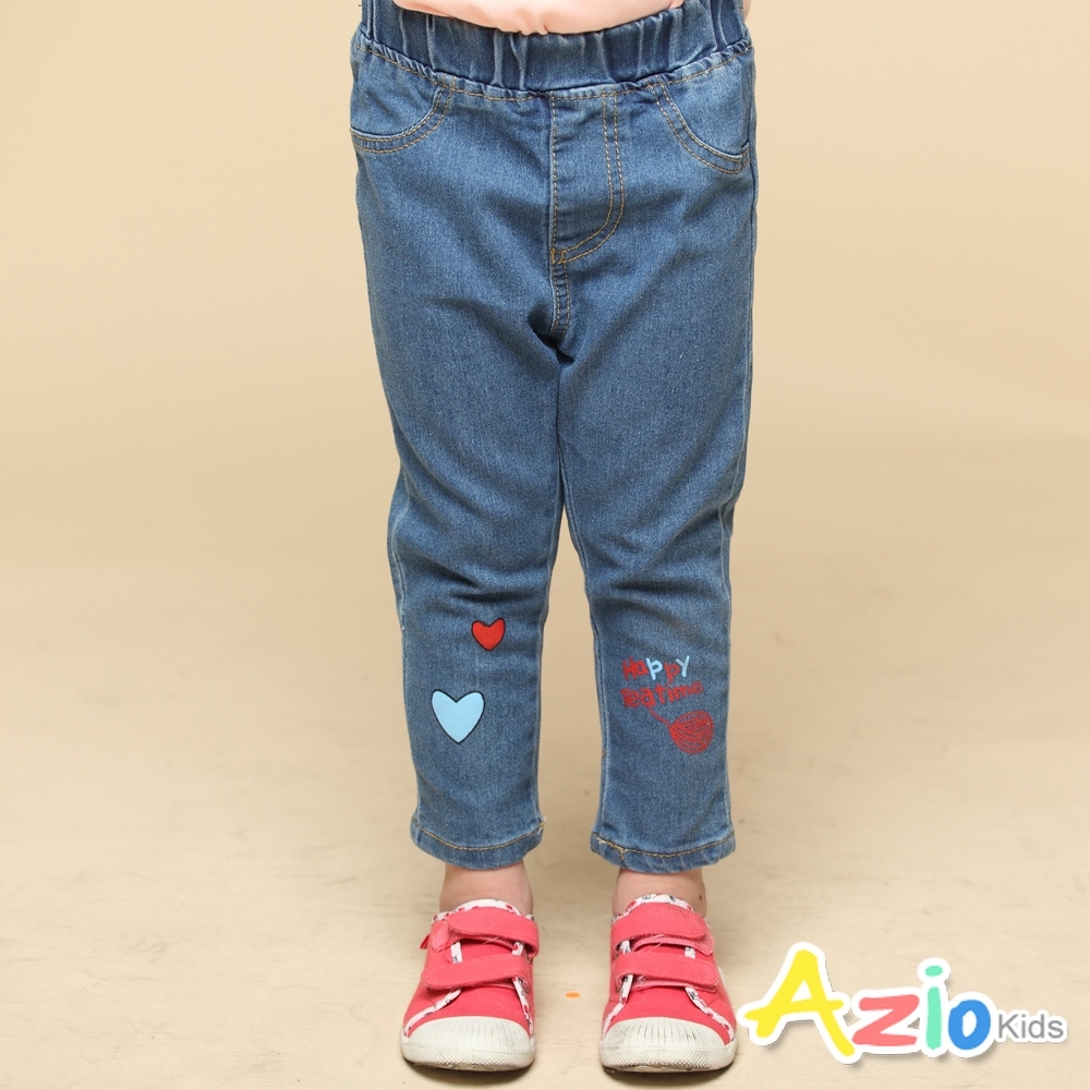 Azio Kids 女童 長褲 雙色愛心字母印花牛仔長褲(藍)