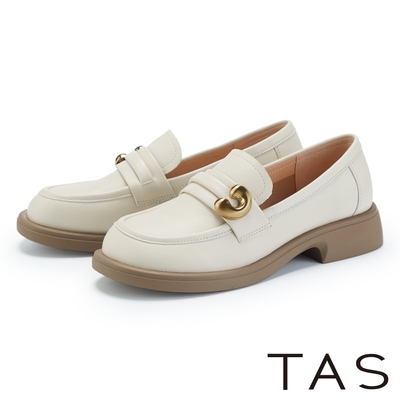 TAS 真皮C型飾釦紳士厚底樂福鞋 米色