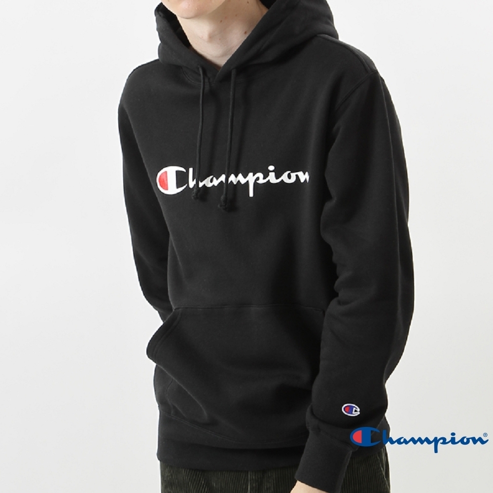 Champion Basic 草寫Logo內刷毛大口袋連帽Tee 黑色