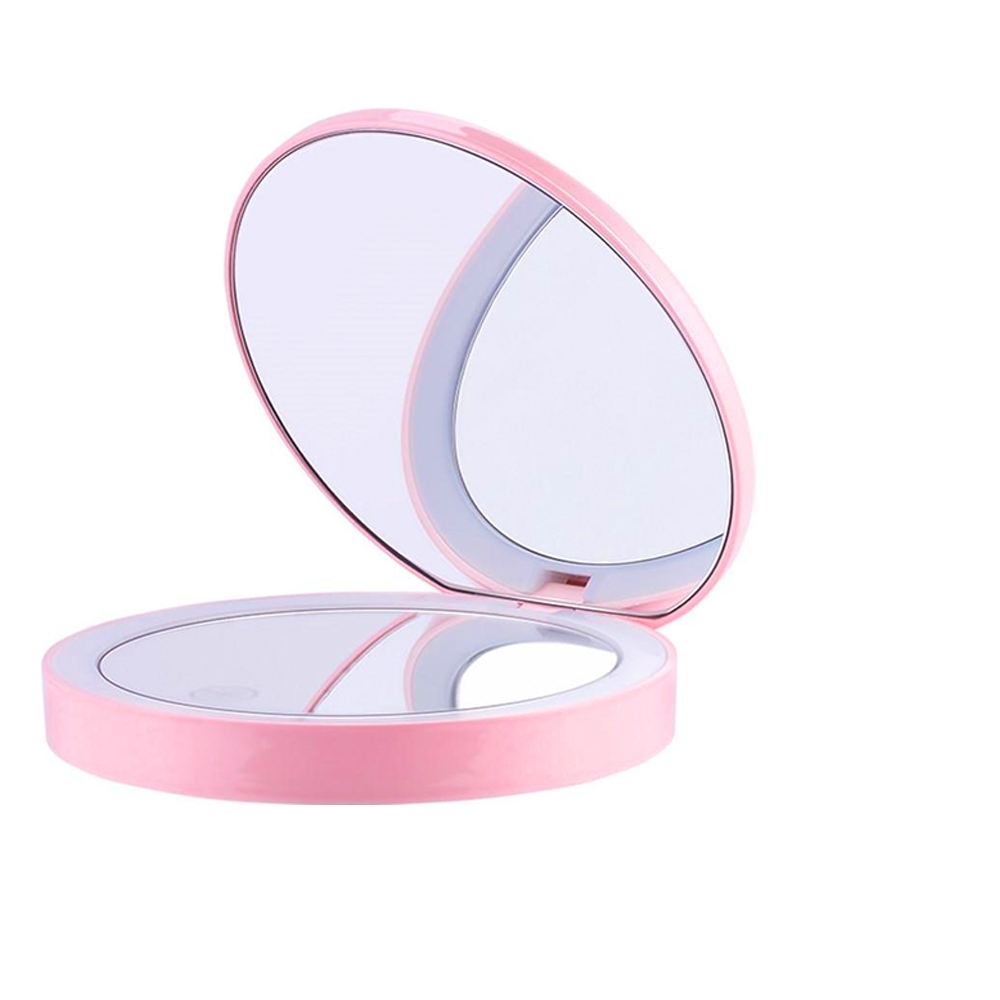 USB充電式 LED燈 攜帶式 圓形化妝鏡 補光化妝鏡 粉紅色-粉紅色*1