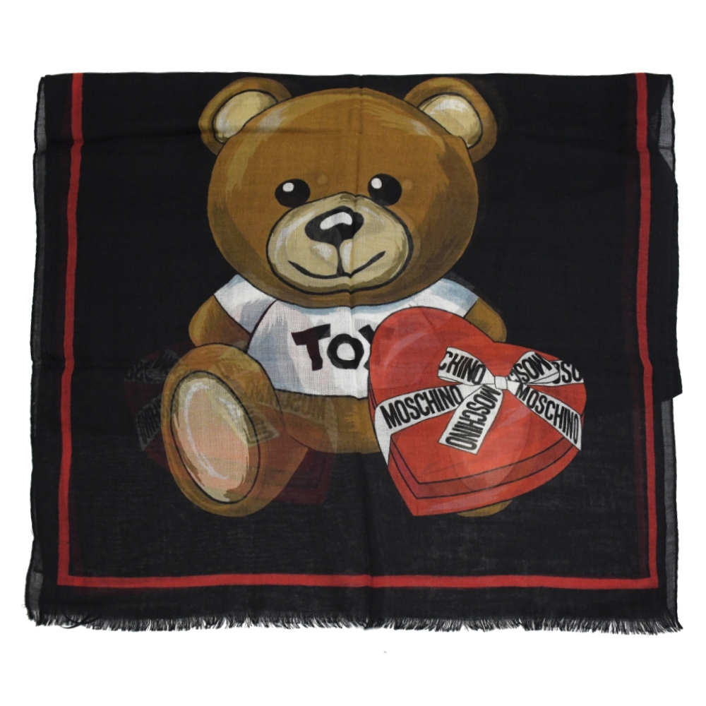 MOSCHINO 泰迪熊心型禮盒印花混紡絲質圍巾(黑 60*180)