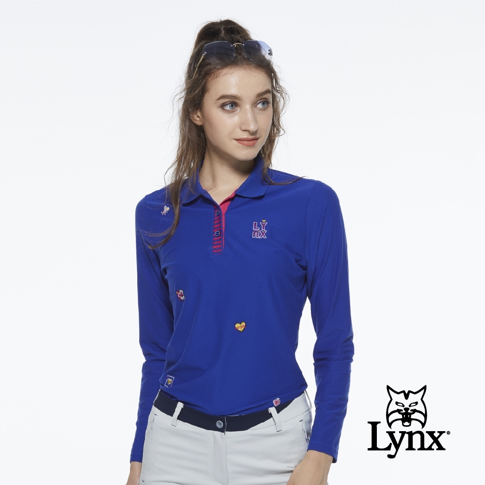 【Lynx Golf】女款遠紅外線保暖刷毛POKER圖樣繡花長袖POLO衫-寶藍色