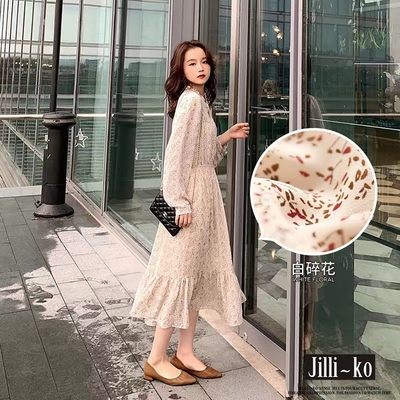 JILLI-KO 雪紡碎花縮腰遮肉減齡中長款連衣裙 - 黑/杏