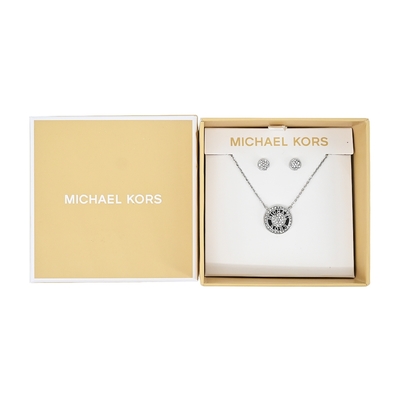 MICHAEL KORS BRASS水鑽LOGO耳環/項鍊禮盒-黑色