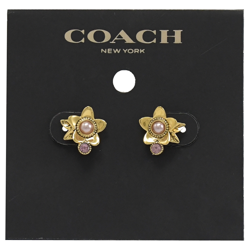 COACH Wildflower 金屬立體花朵粉鑽鑲嵌針式耳環(金)