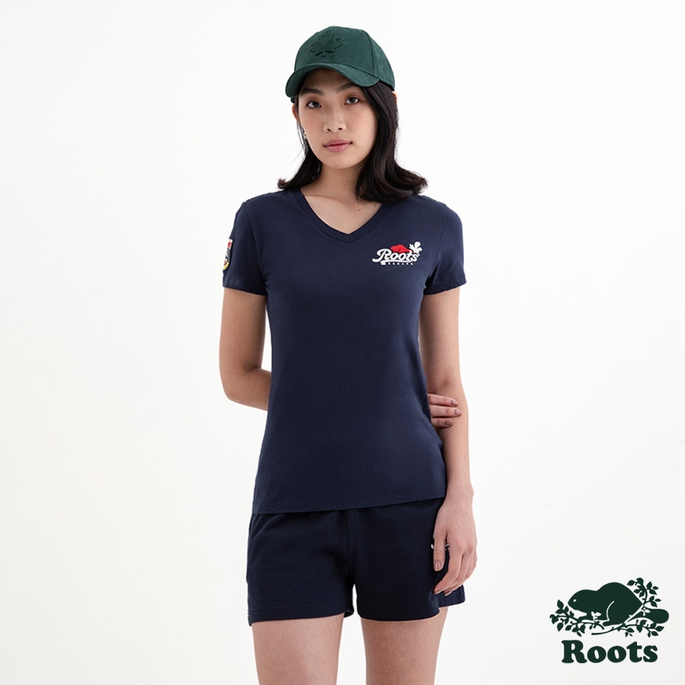Roots 女裝- CANADA BEAVER V領修身短袖T恤-軍藍色