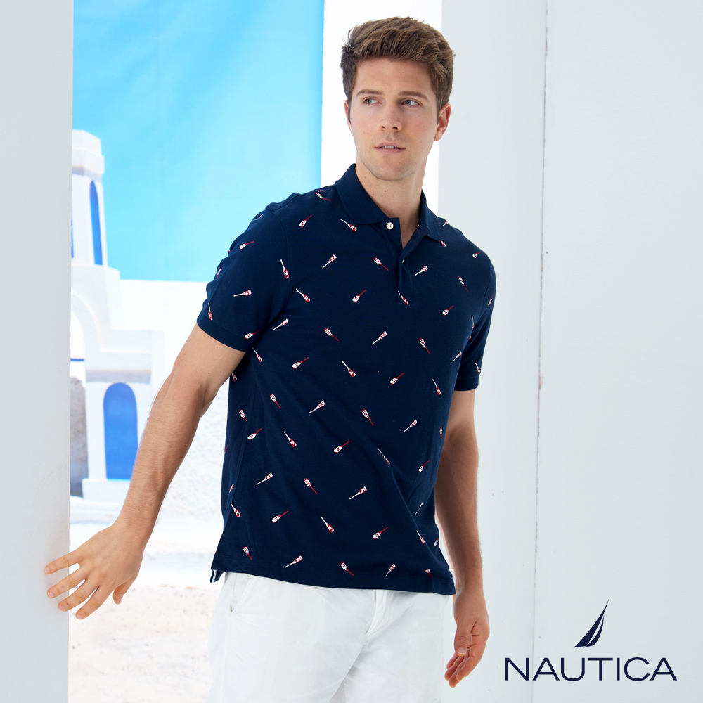 Nautica划槳造型圖騰POLO衫-深藍