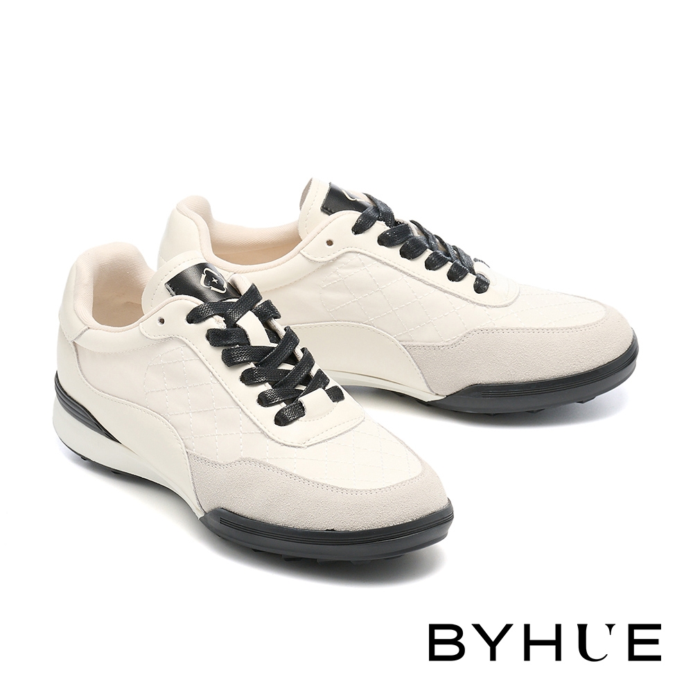 休閒鞋 BYHUE 美式率性異材質撞色拼接綁帶軟芯厚底休閒鞋－白