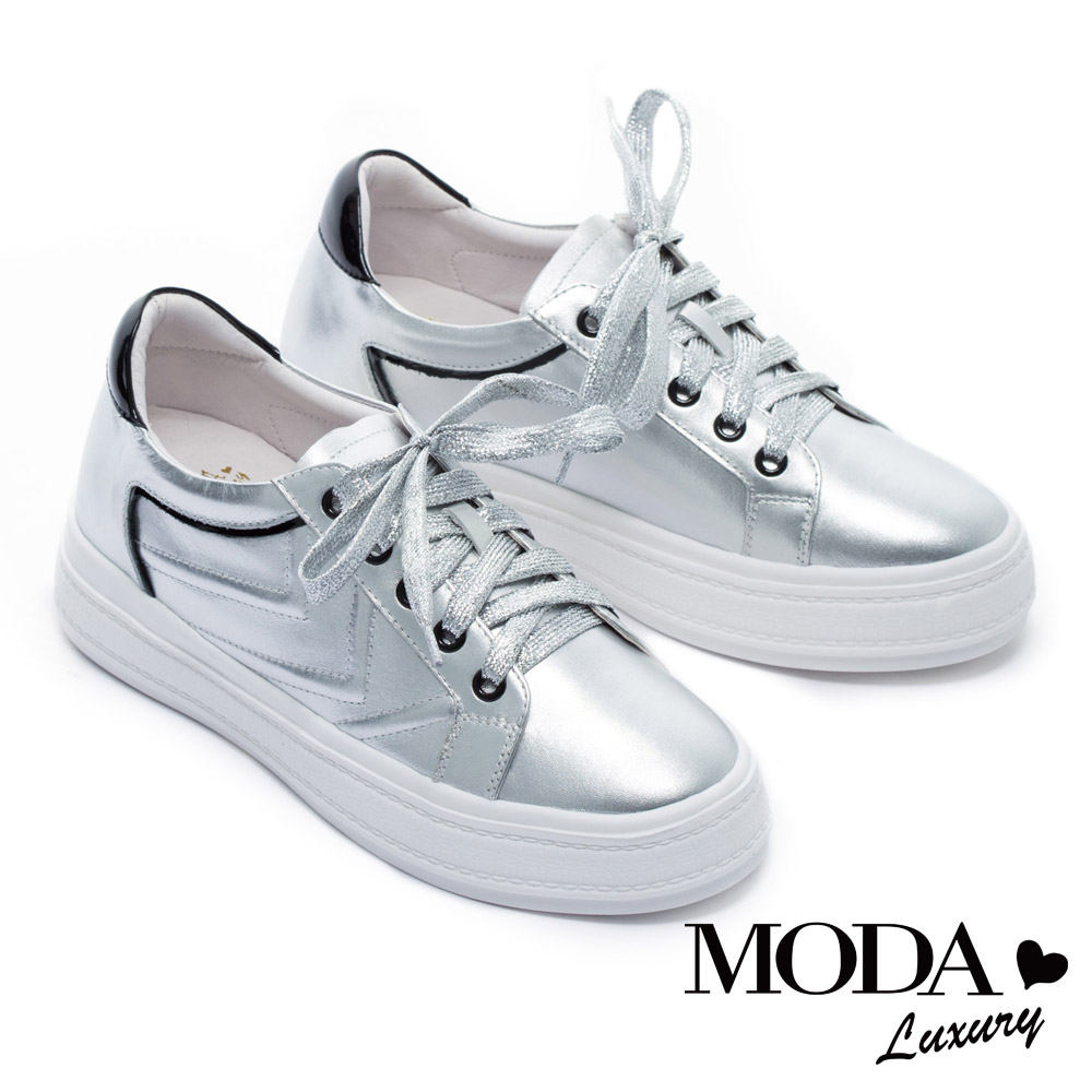 休閒鞋 MODA Luxury 簡約百搭全真皮運動風厚底休閒鞋－銀