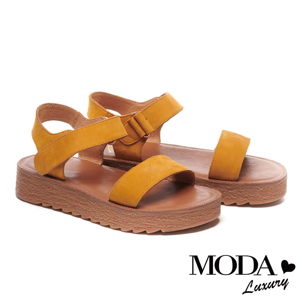 涼鞋 MODA Luxury 復古魅力純色真皮厚底涼鞋－黃