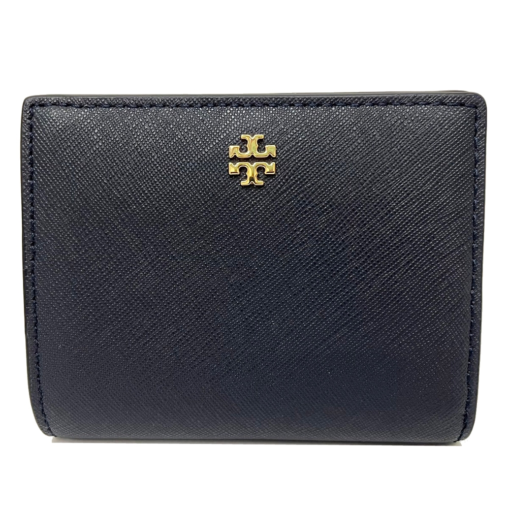 TORY BURCH 立體金字LOGO素面牛皮鈔票零錢袋短夾(深藍)