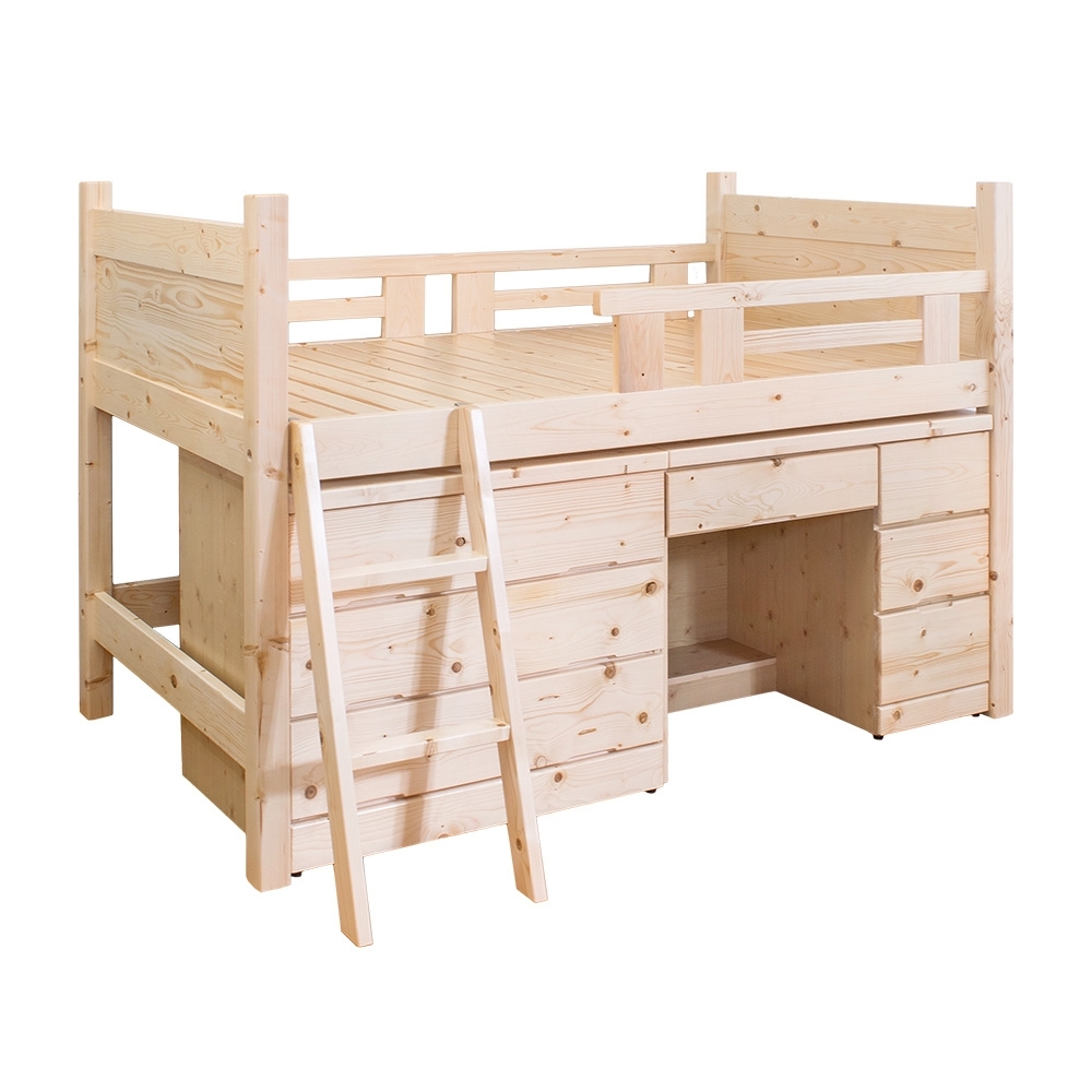 柏蒂家居-卡維3.5尺單人多功能松木高層床架三件組(床架+斗櫃+書桌)
