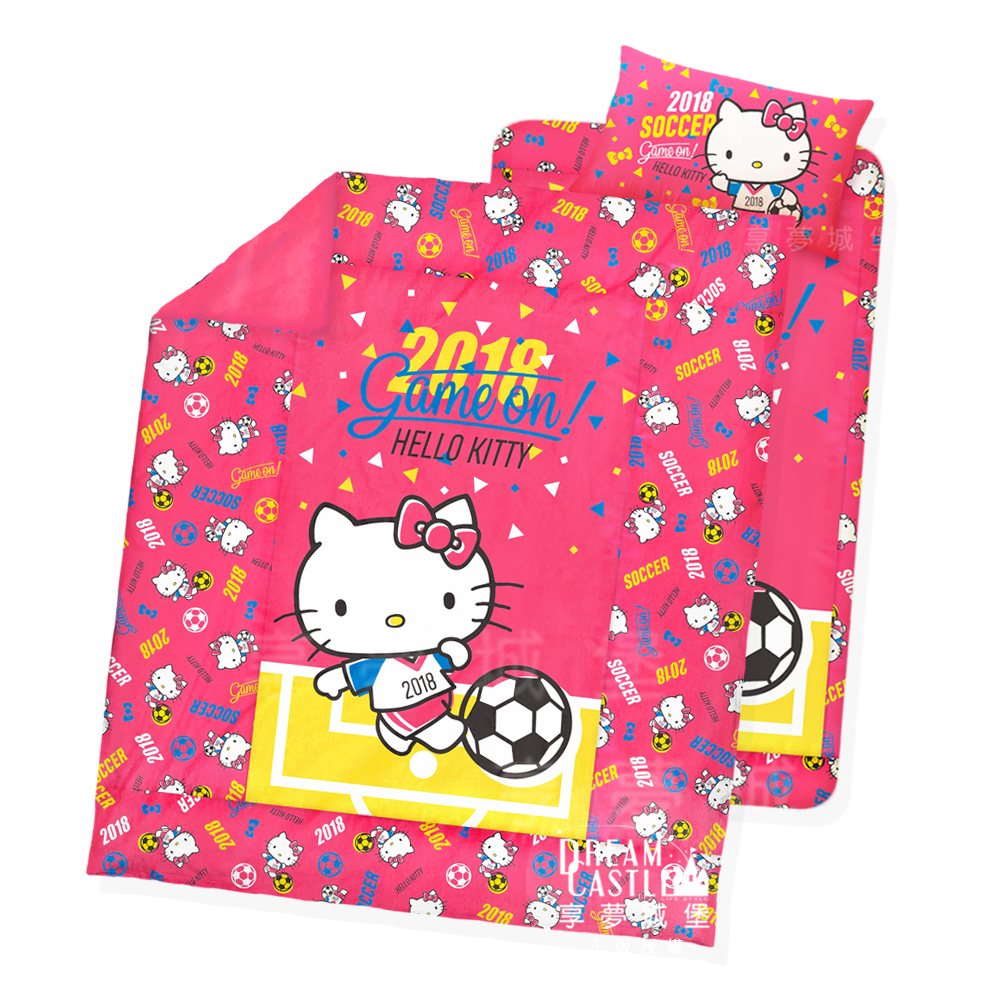 享夢城堡 單人床包雙人薄被套三件式組-HELLO KITTY 2018世足-粉.紅