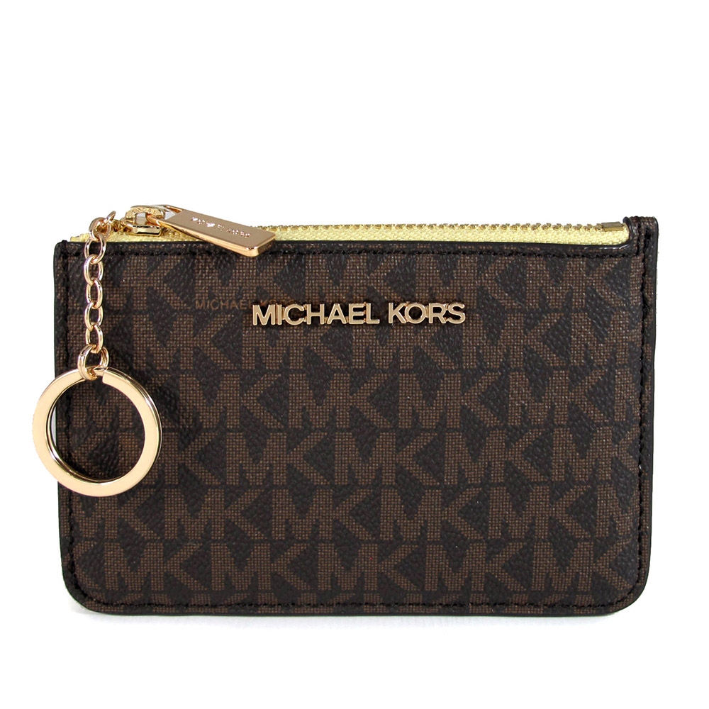 MICHAEL KORS Jet Set Travel 金字Logo防潑水雙色零錢卡片鎖圈包(咖啡奶黃色)