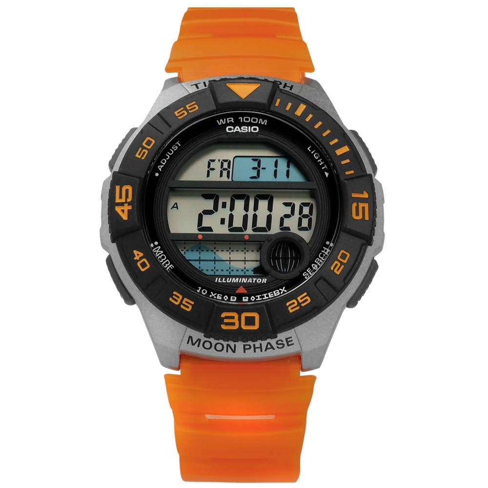 CASIO 卡西歐 電子液晶 月相潮汐顯示 半透明橡膠手錶-黑灰x橘/43mm