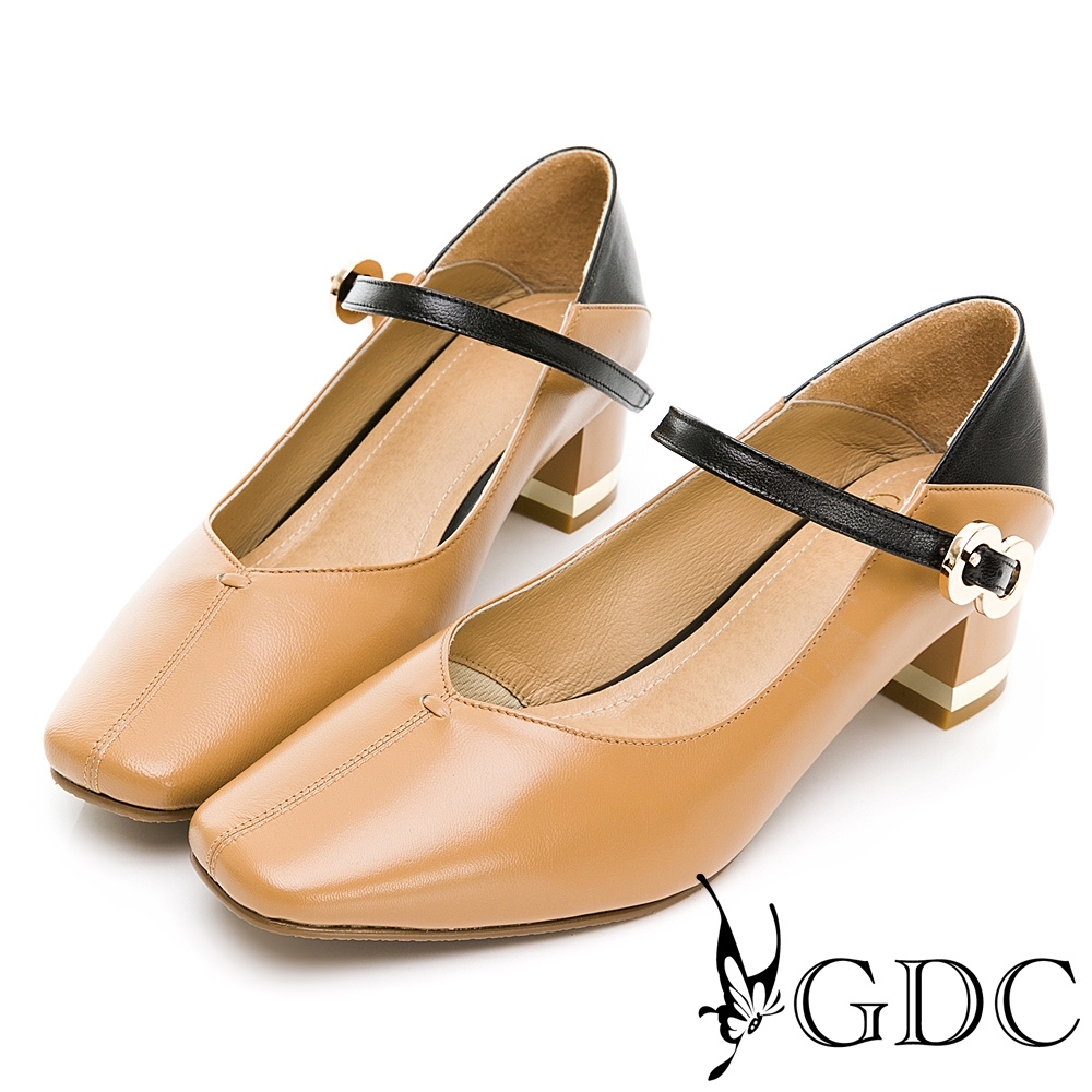 GDC-真皮典雅撞色方頭低跟上班鞋-駝色