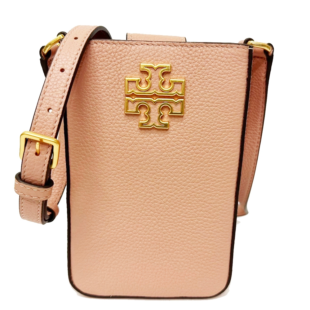 TORY BURCH 簍空金字LOGO牛皮手機小斜背包(裸光玫瑰)