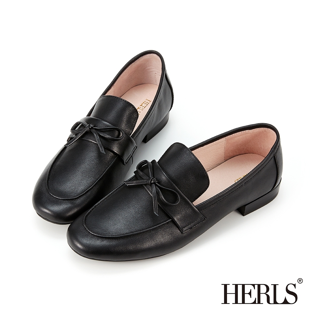 HERLS樂福鞋-柔軟全真皮蝴蝶結橢圓頭樂福鞋-黑色
