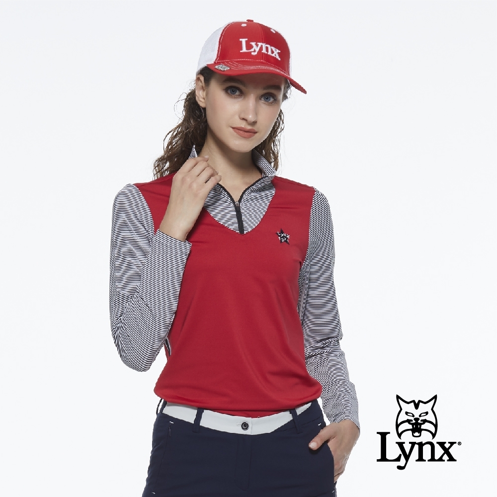 【Lynx Golf】女款合身款假兩件式條紋配布長袖立領POLO衫-紅色