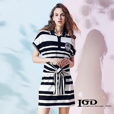IGD英格麗 條紋綁帶刺繡開領洋裝-黑色